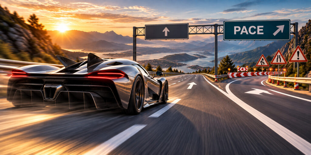Hypercar approaching a separate EPO PACE lane with curves, barriers and warning signs